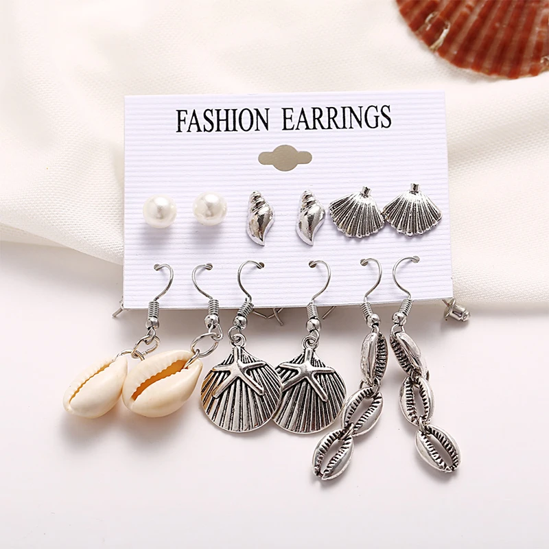 

New Creative Retro Gold And Silver Shell Natural Scallop Earrings Set