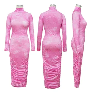 Image 5 - 2020 Autumn Ruched Tie Dye Print Long Women Dress Sexy O Neck Long Sleeve Neon Tube Bodycon Streetwear Club Party Dress Outfits