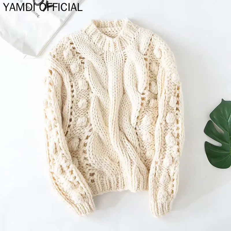YAMDI Women Knitted Chic Women Fashion Runway Sweater Vintage Elegant Solid Hollow Out Pullover Loose Warm Jumper Autumn Winter