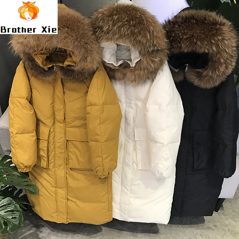 

Pocket Down Jacket Medium Long Loose Thicker Plus Size Coat New White Duck Down Coat Real Raccoon Fur Winter Jacket Women