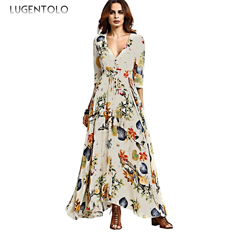 Lugentolo, летнее платье, женское, богемное, с принтом, в-образный вырез, свободное и повседневное, модное, три четверти, длиной до лодыжки, ампир, женское платье