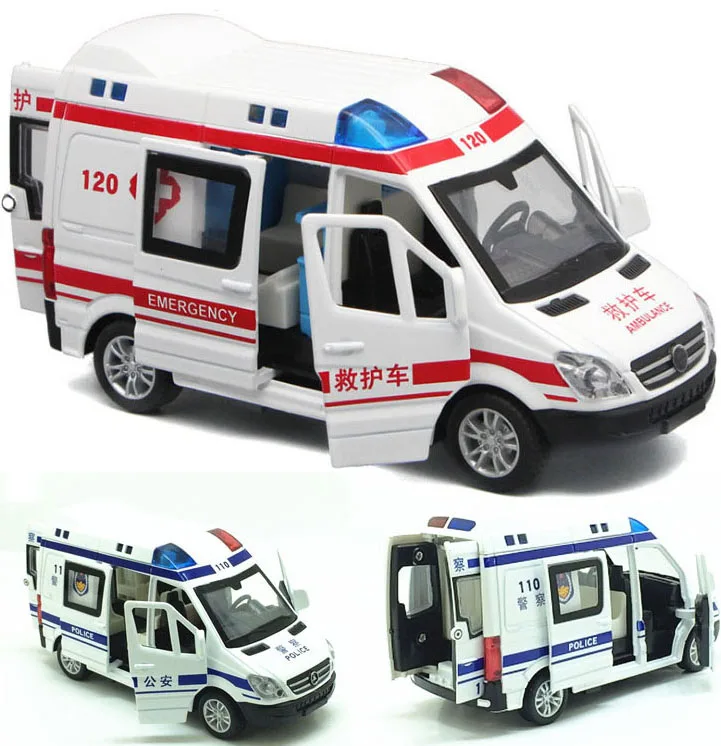 

1:32 Hospital Rescue Ambulance Police Diecast Metal Car Model With Pull Back Sound Light For Children Toys Gifts Free Shipping