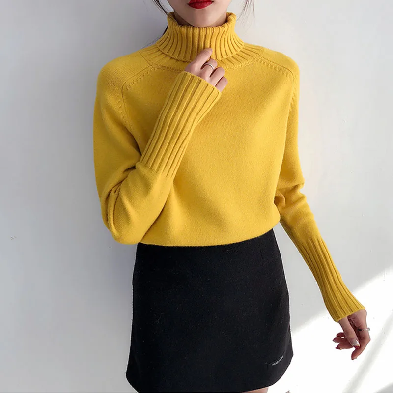 OHRYIYIE осень-зима Для женщин вязаная Свитер с воротником Повседневное мягкий джемпер тонкий кашемир эластичность пуловеры Топы для женщин - Цвет: Цвет: желтый