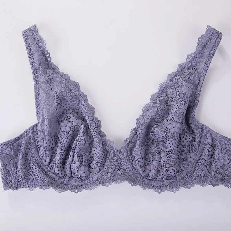 DOBREVA Women's Sexy Lace Bra See Through Bralette Plunge Plus Size Lingerie Unlined Underwire Transparent Bras D DD E F
