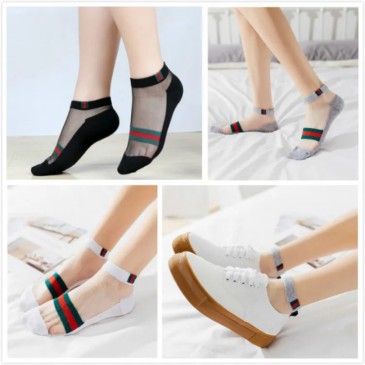 

Women Socks Transparent Summer Thin Breathable Green Red Stripes Soft Femal Socks Invisible Short Boat Slip Silk New Tube Socks