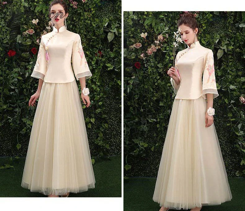 Ретро Вышивка Cheongsam Китай подружки невесты Пряжа юбка Qi Pao женское китайское традиционное платье Ципао Продвижение Женская Роба в восточном стиле