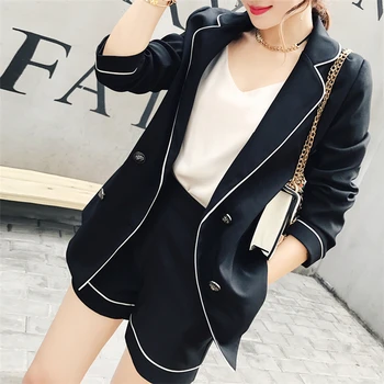 

2020 New Summer Woman Sets 2 Pieces Matching Short Pants Double Breasted White Border Casual Outfits Lady Suit