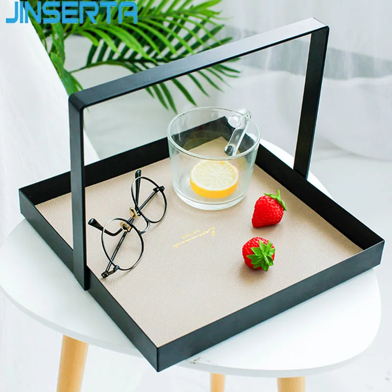 

JINSERTA Metal Serving Tray Jewelry Display Plate Cosmetic Organizer Food Container Desktop Sundries Decor Tray with Handle