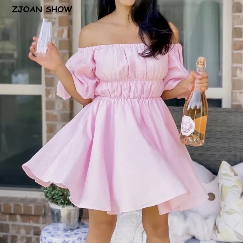 2023-Summer-Elastic-Slash-Collar-Pink-Puff-Sleeve-Mini-Dress-Women ...