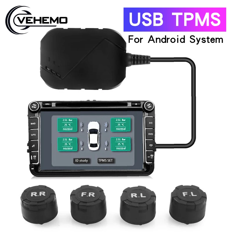 

USB TPMS Tire Pressure Monitoring System 5V Car Security Alarm Tyre Pressure 4 External Sensor TPMS Android Navigation Display