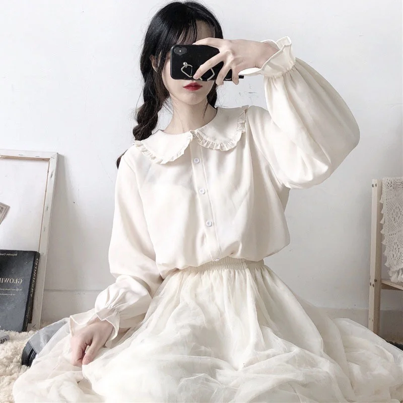 

Japanese College Peter Pan Collar Blouse Women Apricot White Collar Shirt Loli JK Top Vintage Victorian Shirt Preppy Style Girl