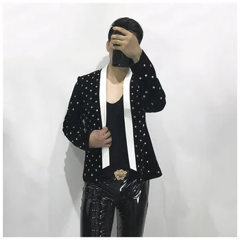 

luxury mens black velvet rhinestone fashion tuxedo jacket/stage/dance performance jaceket