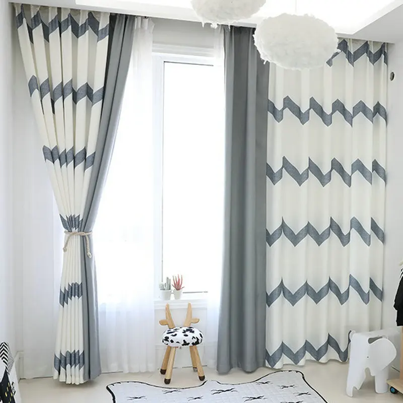 

Modern Simple White Blackout Curtain Grey Stripe Full Shading Drapes For Bedroom Living Dining Room