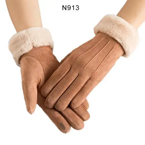 N913 Khaki Зимние женские замшевые плюшевые полный варежки с прорезями для пальцев Открытый Теплый Сенсорный экран перчатки Теплый Открытый ветрозащитный Одежда аксессуар подарок - Цвет: N913 Khaki