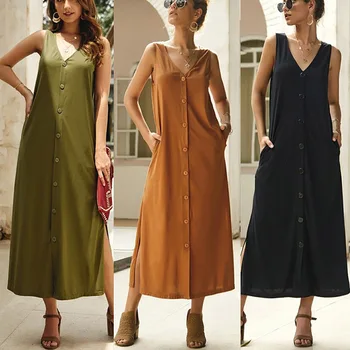 

Pop Women Long Sleeve Button Dowm Maxi Dress Evening Party Solid Color Casual Shirt Dress Pop 88