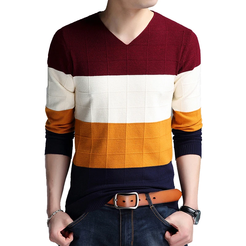 Sweaters V-Neck Long-Sleeve Slim Striped Mens Large-Size BROWON New Autumn Bottom M-4XL