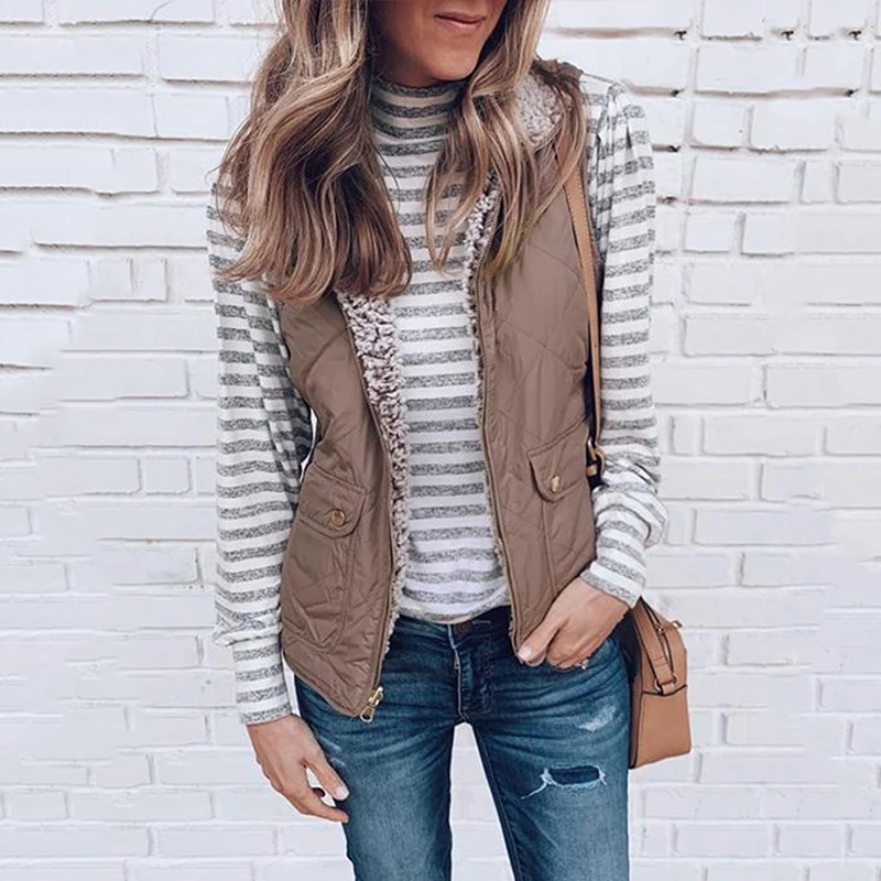 

Reversible Womens Warm Vests Sleeveless Quilted Stand Collar Casual Female Fleece Jackets 2019 Autumn Winter Woman Waistcoat NEW