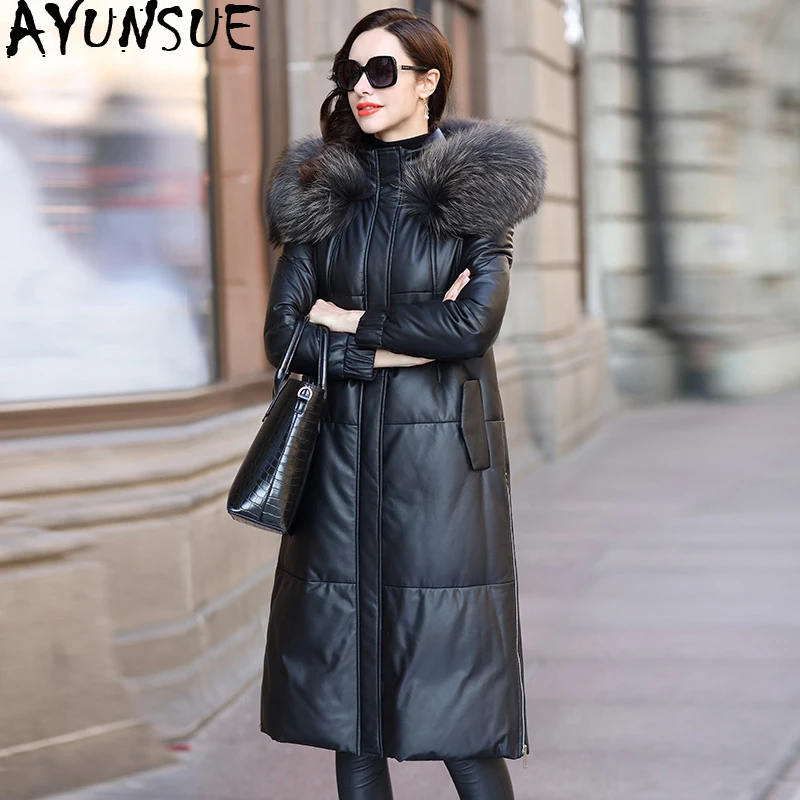 AYUNSUE 2020 кожаная куртка зимнее пальто женский пуховик с воротником из меха енота