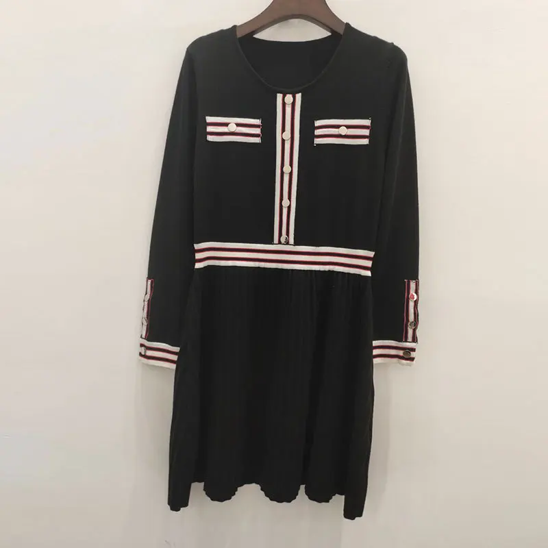 

M Home Elegant Debutante Ladies' Slim Fit Graceful Long Sleeve Crew Neck Button Joint Jersey Dress Autumn New Style