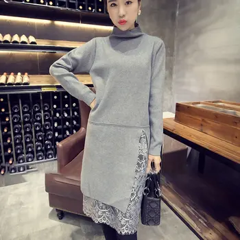 

Female Spring Solid Color Knitting Dress Lace Patchwork Pullover Dress Medium Length Long-sleeved Half Turtleneck Knitwear