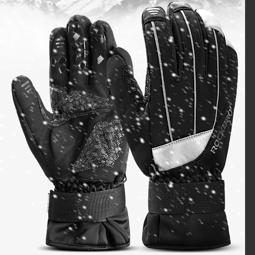 

ROCKBROS Winter Waterproof Touch Screen Cycling Gloves Guantes Ciclismo Anti-slip Warm Fleece Reflective Ski Gloves Bike Gloves