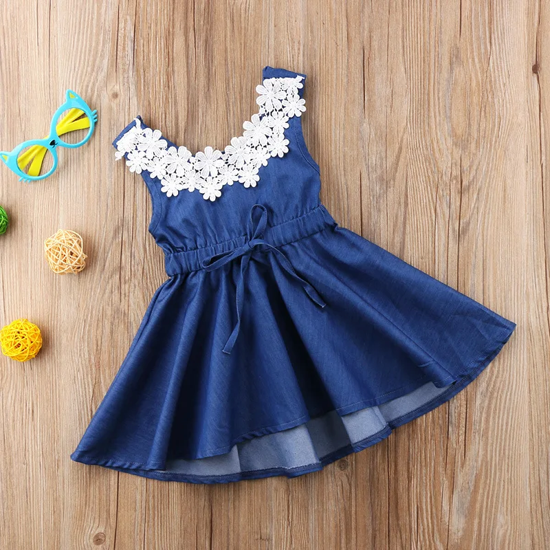 

INS Europe And America New Style Summer Cowboy Lace Dress Girls Backless Dress