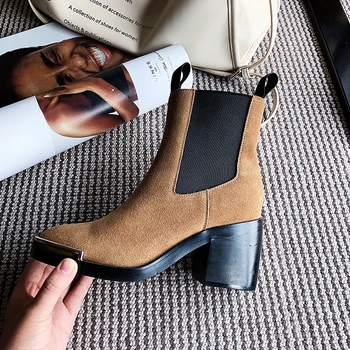 

natural Leather Women Ankle Boots Women Chelsea boots Metal decorative top layer cowhide suede outdoor booties shoes woman