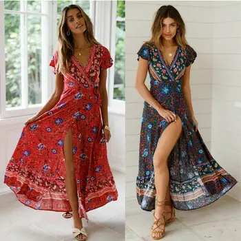

Hirigin Women Boho Floral Dress 2019 Summer Chic Ethnic Style V-neck Split Sexy Dress High Waist Women Maxi Dress Long Dresses