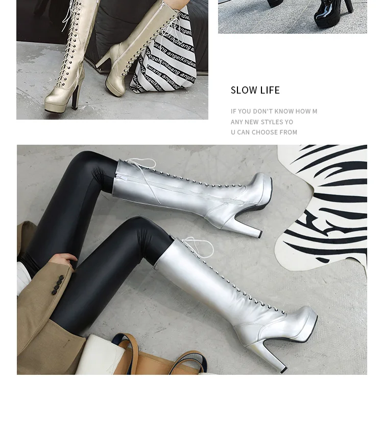 ANMAIRON PU Knee-High Round Toe Boots Women Super High Square Heel Winter shoes Zip Cross-tied Thigh High Boot Solid Short Plush