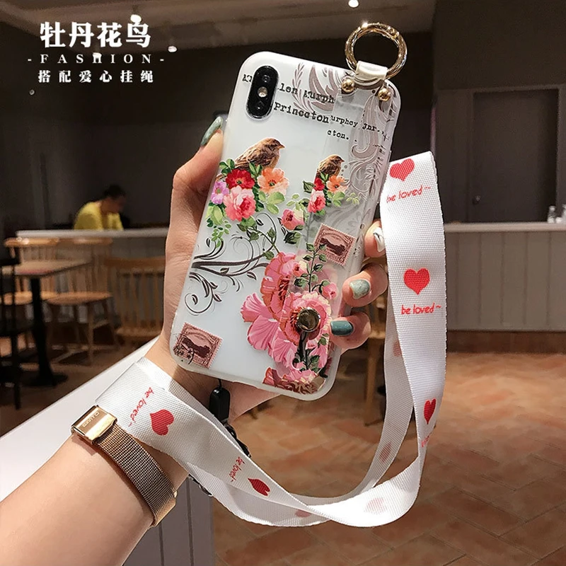 

Matte Retro Flower Patterned Case For iPhone XS Max XR X 10 Wristband Holder Lanyard Cover For iPhone 6 S 6S 8 7 Plus Phone Case