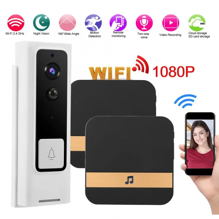 

video peephole 1080P HD WIFI Smart Security Video Doorbell IR-CUT Access Intercom 90-260V