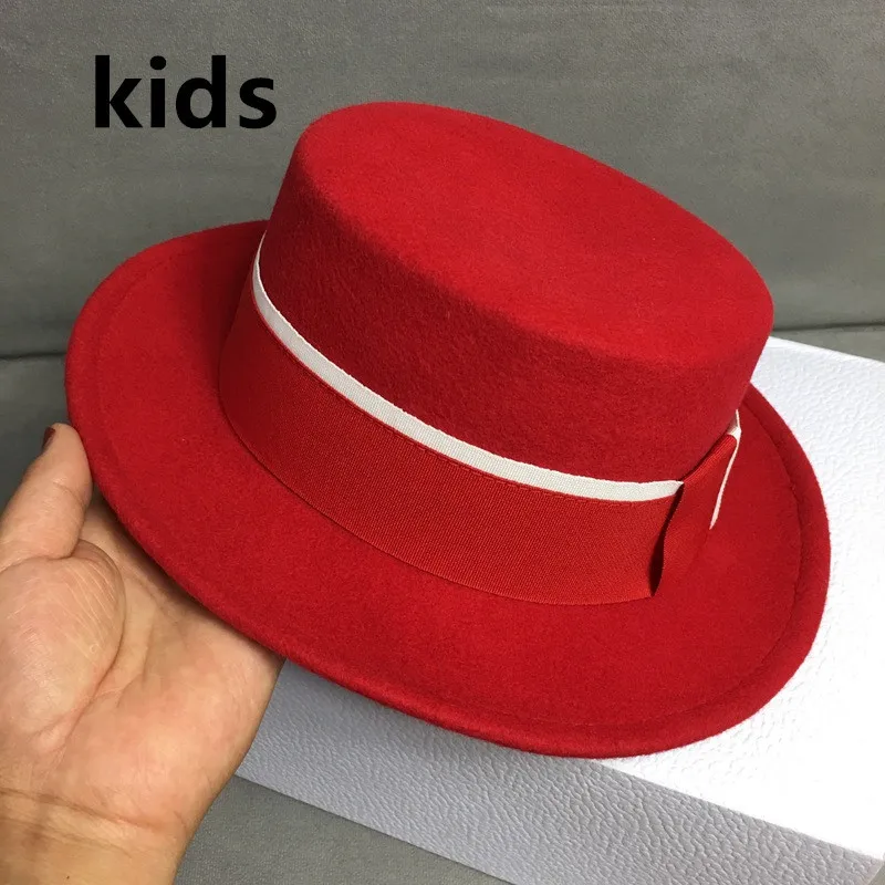 

wool hats kids child big brim flat top solid color winter hats for boys girls with ribbon band belt luxury brand warm women hats