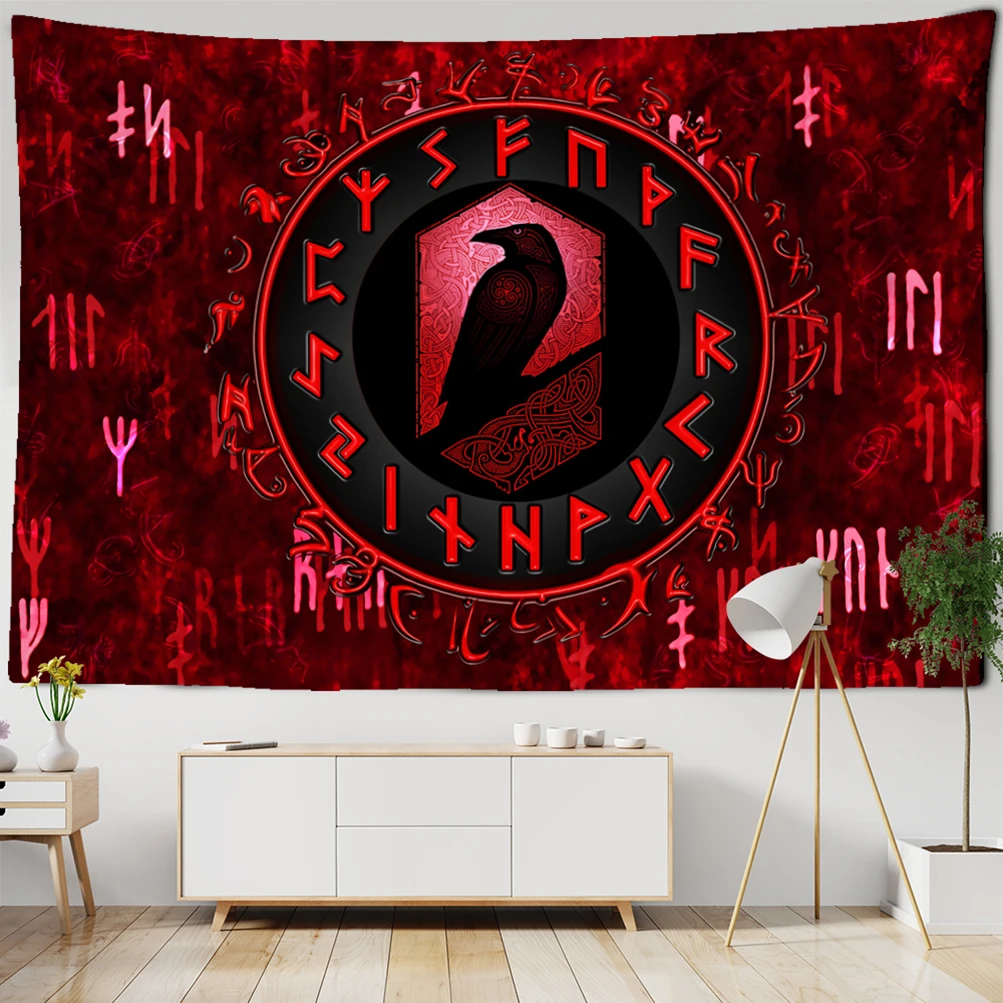 Viking Raven Tapestry Mysterious Viking Meditation Psychedelic Runes Art Wall Hanging Tapestries for Living Room Decor