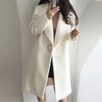 

Women Wool Blends Autumn Office Ladies Solid White Causal Loose Long Overcoat Elegant Wool Coat Plus Size 2XL Retro Minimalist
