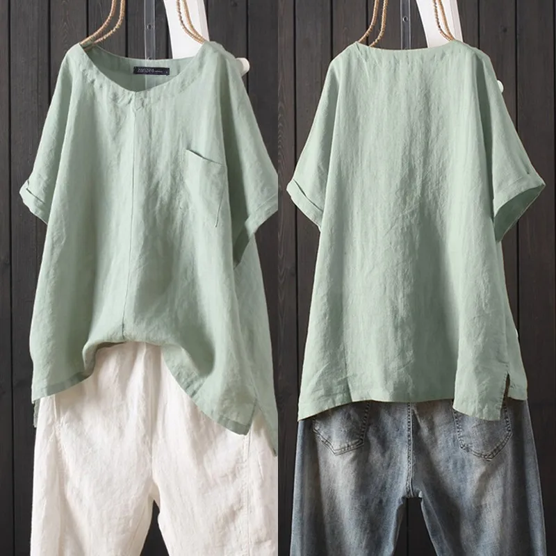 

2019 ZANZEA Short Sleeve Shirts Kaftan Women's Casual Blouse Tunic Female V Neck Cotton Blusas Irregular Summer Tops Plus Size
