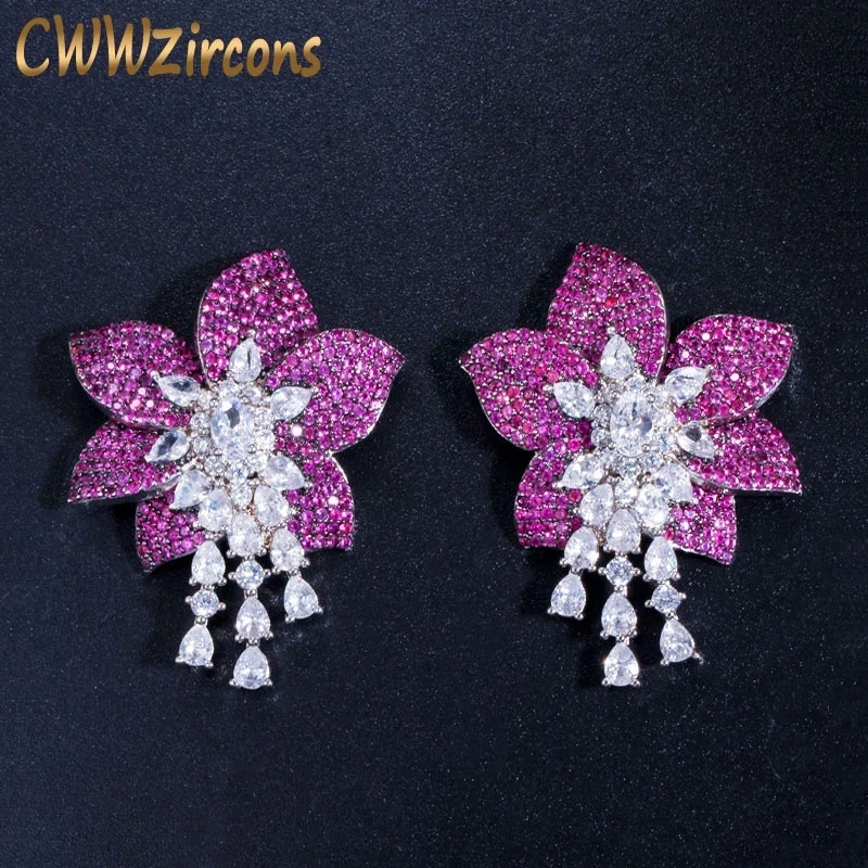 

CWWZircons Geometric Designer Big Rose Red Flower Cubic Zircon Luxury 925 Silver Drop Earrings for Women Brand Jewelry CZ458