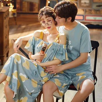 

Couple Cotton Nightwear Blue Round-Neck Pajama Set Long Sleeves Long Pants Sleepwear Casual Home Suit Simple Comfort Nighty