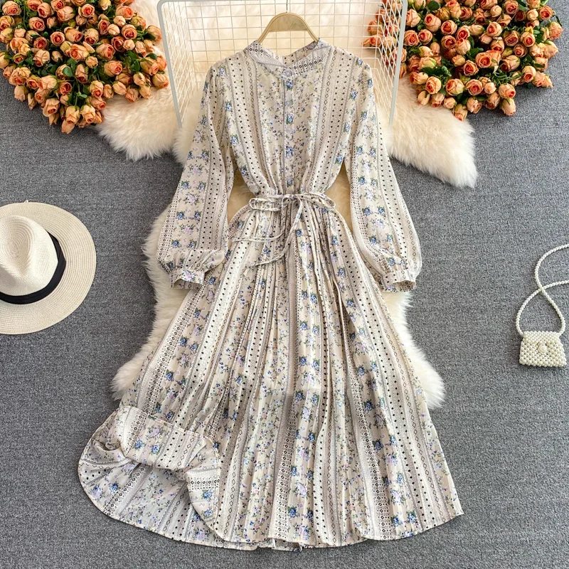 Stand Collar Floral Chiffon Dress Women's 2021 Autumn Long Sleeve Base Pleated Temperament Waist Belt | Женская одежда