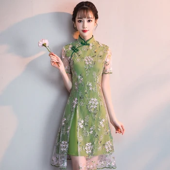 

2020 knee length short sleeve qipao lace sequins cheongsam formal evening party maxi dress elegant bridal wedding dress