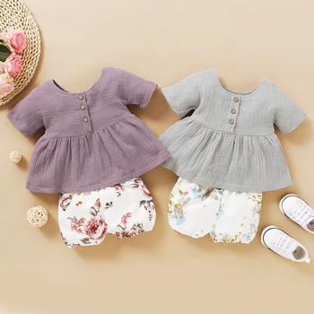 

Toddler Baby Girl Summer Solid Color Short Sleeved Double Sided Wrinkled Top + Flower Printed Shorts Outfits Set