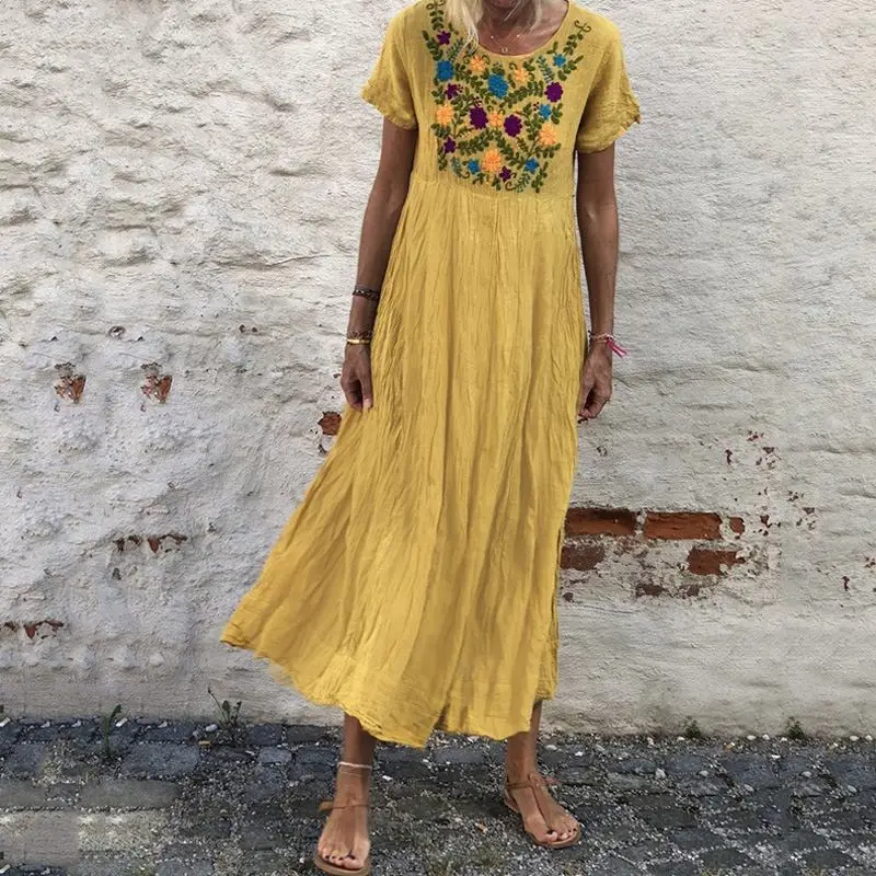 Летний сарафан ZANZEA богемное платье с вышивкой женское повседневное свободное платье миди с коротким рукавом Vestidos длинное платье-рубашка - Цвет: Цвет: желтый