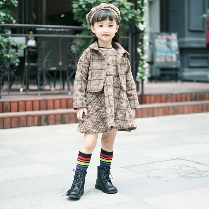 

3Pcs Autumn And Winter Set (Coat+Dress+Hat) New Plaid Woolen Vest Skirt Coat Beret Three-Piece Suit Baby Girl Clothes