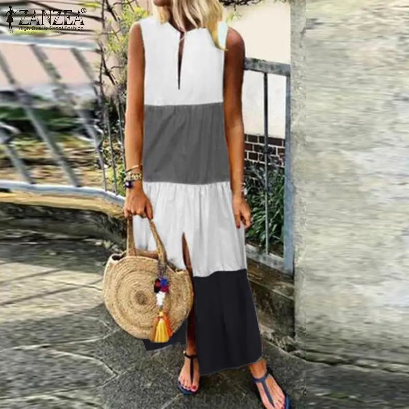 

2019 Summer Sundress ZANZEA Fashion Long Dress Women Split Party Beach Vestidos Sleeveless Panelled Color Patchwork Femme Robe