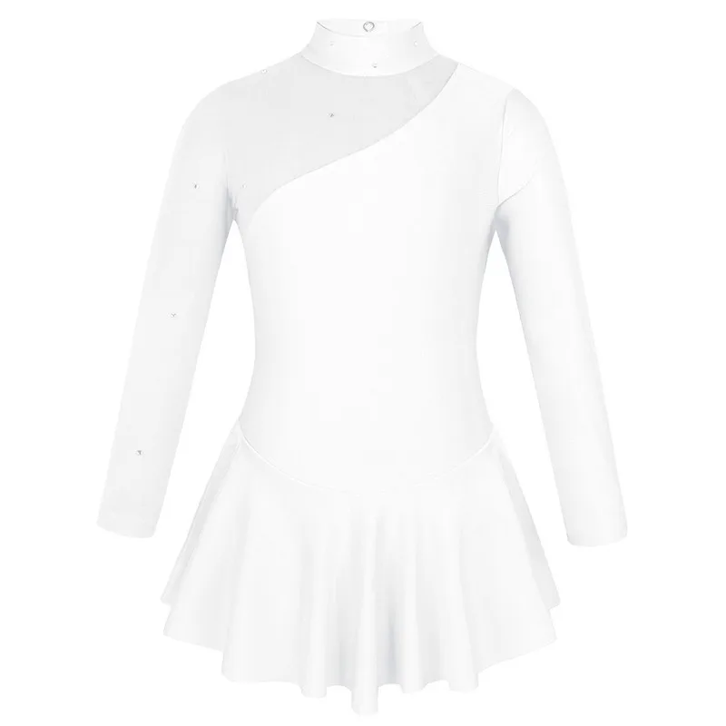 White Kids Teens Rhinestones Tulle Long Sleeves Ballet Gymnastics Leotard Girls Performance Lyrical Dance Costume Figure Skating Dress - Цвет: White