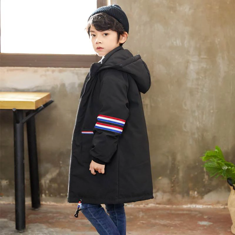 

Boys Padded Jacket White Duck Down -30 Hooded Blue Yellow Three Color Striped Modified Polyester Fiber Winter Coat Kids