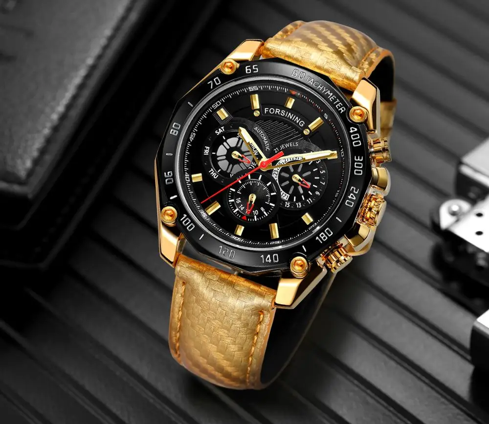 Мужские часы, многофункциональные автоматические механические часы, деловые наручные часы для мужчин с кожаным ремешком, мужские часы, мужские часы Forsining - Цвет: bronze black