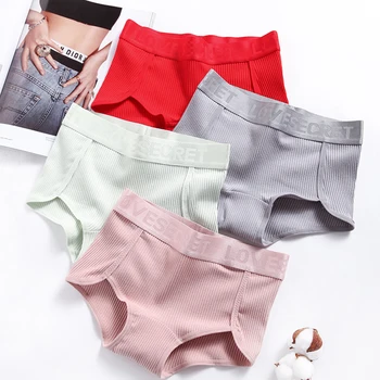

Womens Cotton Panties Thread Ribbed Striped Mid Waist Tummy Control Underwear Briefs Breathable Sweet Girls Solid Color Panties