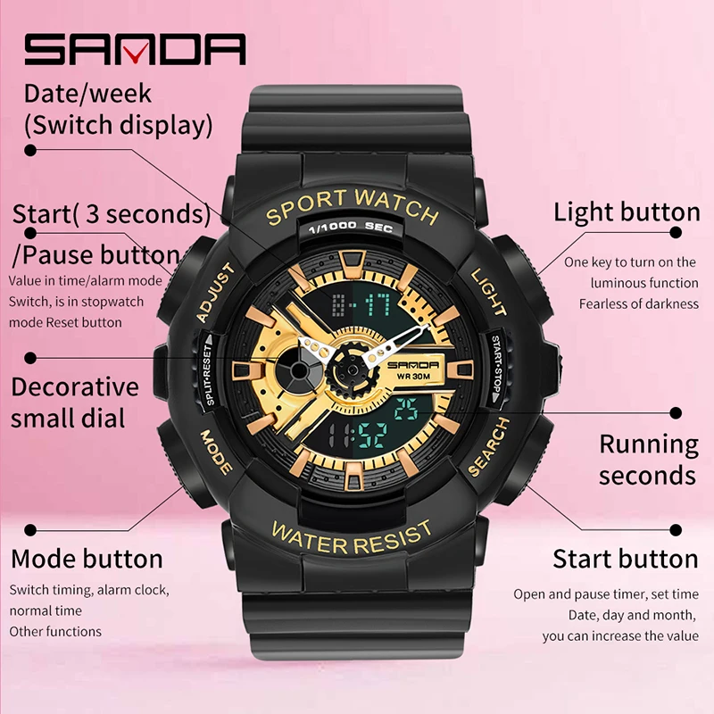 SANDA Women Dual Display Watch Fashionable Multifunctional Luminous HD LED Digital Scale 30M Waterproof Womens Sports Watches