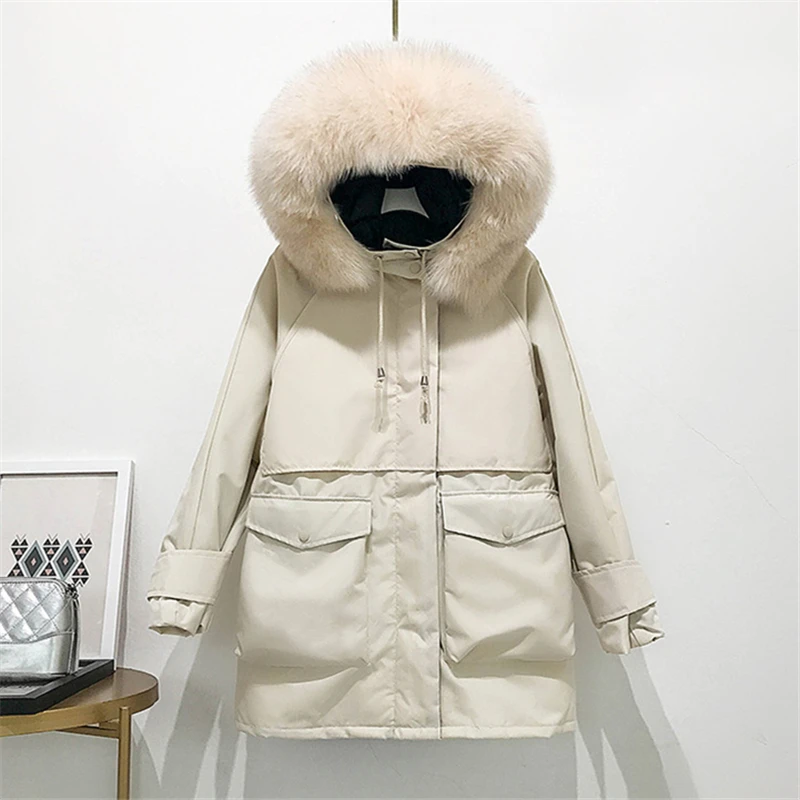 

White Duck Down Tooling Down Jacket Female 2019 Winter New Long Section Fox Big Fur Collar Hooded Warm Down Jacket Coat Tide
