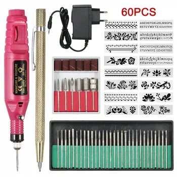

60pcs Electric Nail Drill Buffer Kit 220V Micro Engraver Pen Mini DIY Vibro Engraving Tool Portable Polish Machine(EU Plug)